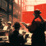 A manager observing workers on a factory floor or construction site, taking notes and interacting with employees, emphasizing on-site management.