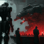 A robotic assembly line with a human worker overseeing and interacting with the machines in feudal japan, highlighting the integration of human intelligence and automation.