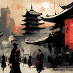 An image showing a business process in feudal japan among merchants undergoing a major transformation, with elements of old and new methods juxtaposed to represent radical change.
